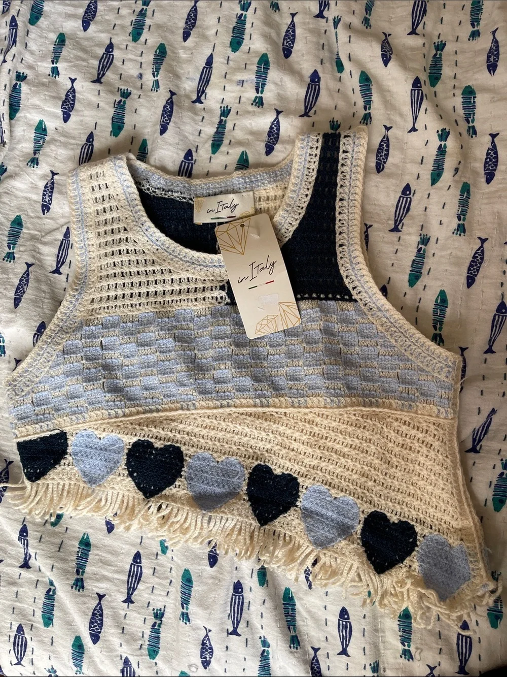 Sincerely Jules Crocheted Heart Fringe Tank Top in Cream, Light Blue & Navy - Picture 1 of 3
